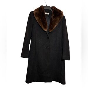 Calvin Klein Made in USA Vintage Black Wool Coat with Fur Trimmed Collar sz 2